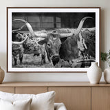 15425553-MGV-CV-36X24-Western Wall Art – Longhorn Cattle Black and White Canvas Print, Rustic Ranch Photography Decor for Bedroom, Living Room, Office,