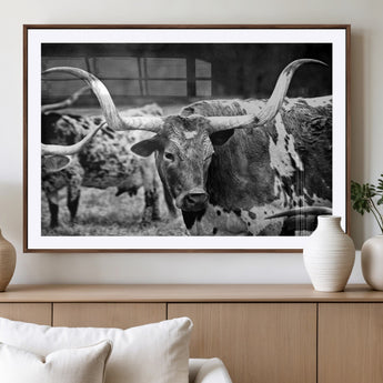 15425553-MGV-CV-36X24-Western Wall Art – Longhorn Cattle Black and White Canvas Print, Rustic Ranch Photography Decor for Bedroom, Living Room, Office,