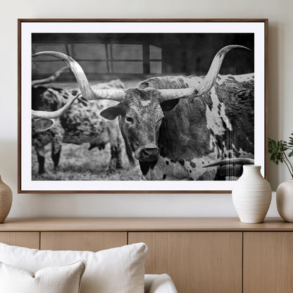 15425553-MGV-CV-36X24-Western Wall Art – Longhorn Cattle Black and White Canvas Print, Rustic Ranch Photography Decor for Bedroom, Living Room, Office,