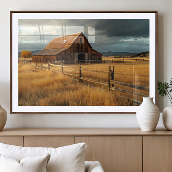 16480179-MGV-CV-36X24-Farmhouse Wall Art – Rustic Barn and Golden Field Canvas Print, Country Landscape Photography Decor for Bedroom, Living Room,