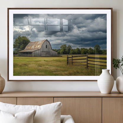 39409517-MGV-CV-36X24-Rustic Barn Wall Art – Weathered Farmhouse and Storm Clouds Canvas Print, Country Landscape Photography Decor for Bedroom, Living