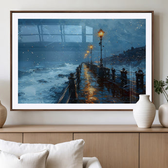 93793246-MGV-CV-36X24-Stormy Night Pier Canvas Wall Art – Moody Ocean Landscape with Lights, Blue Coastal Seascape Print for Bedroom, Living Room,
