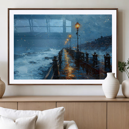 93793246-MGV-CV-36X24-Stormy Night Pier Canvas Wall Art – Moody Ocean Landscape with Lights, Blue Coastal Seascape Print for Bedroom, Living Room,