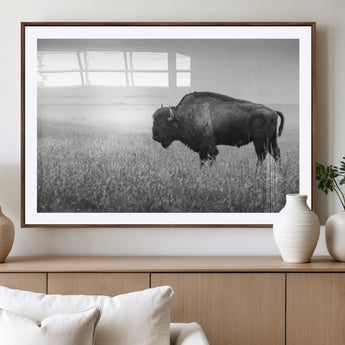 90861202-MGV-CV-36X24-Black and White Bison Canvas Wall Art – Rustic American Buffalo Print, Western Wildlife Photography for Farmhouse, Cabin, Office