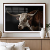 27414857-MGC-FP-36x24_Walnut-Texas Longhorn Bull Canvas Wall Art – Rustic Western Farmhouse Decor, Brown & White Cow Portrait, Animal Print for Ranch Home