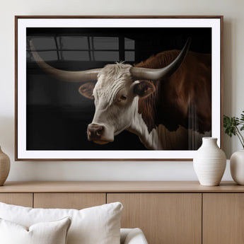 27414857-MGC-FP-36x24_Walnut-Texas Longhorn Bull Canvas Wall Art – Rustic Western Farmhouse Decor, Brown & White Cow Portrait, Animal Print for Ranch Home