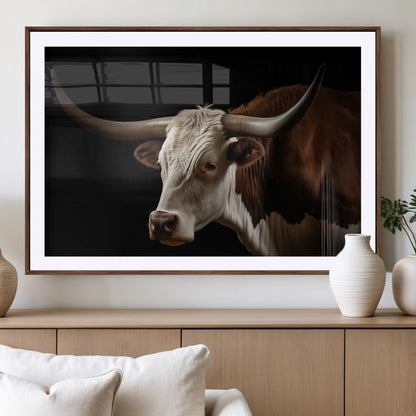 27414857-MGV-CV-36X24-Longhorn Bull Wall Art – Dramatic Western Steer Portrait Canvas Print, Rustic Farmhouse Animal Decor for Living Room, Office, or