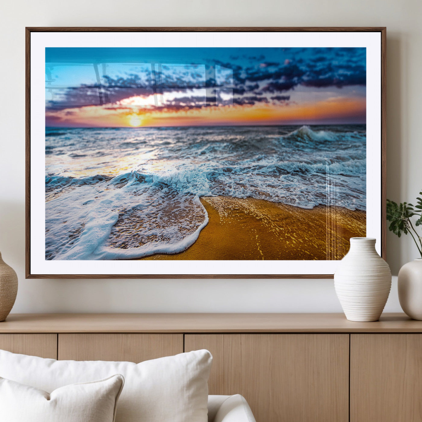 24077769-MGV-CV-36X24-Sunset Beach Wall Art – Ocean Waves Canvas Print, Golden Shoreline Photography Coastal Decor for Living Room, Bedroom, Office,