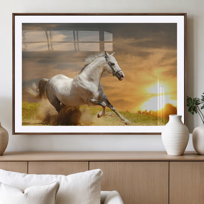 67478480-MGV-CV-36X24-White Horse Running at Sunset Wall Art – Majestic Equestrian Photography Print, Rustic Farmhouse Decor, Golden Sky Horse Lover