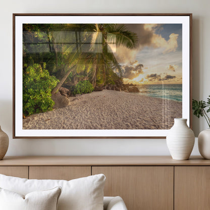 89531159-MGV-CV-36X24-Tropical Beach Sunset Canvas Wall Art – Palm Trees Golden Sand Ocean Waves Coastal Paradise Print for Beach House Bedroom Bathroom