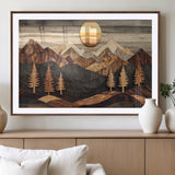 90044381-MGV-CV-36X24-Rustic Wall Art – Wooden Mountain Landscape with Sun and Pine Trees, Handcrafted Nature Canvas Style Decor for Bedroom, Living
