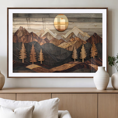 90044381-MGV-CV-36X24-Rustic Wall Art – Wooden Mountain Landscape with Sun and Pine Trees, Handcrafted Nature Canvas Style Decor for Bedroom, Living