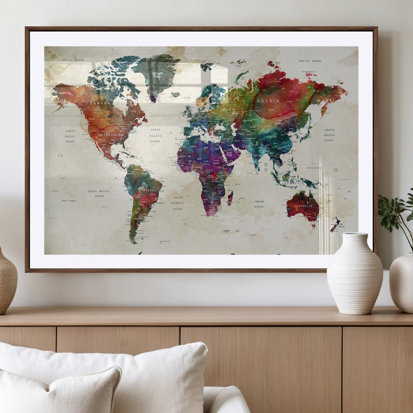 27689508-MGV-CV-36X24-World Map Wall Art – Colorful Watercolor Style Canvas Print, Modern Travel Map Artwork for Office, Study, Classroom, Living Room