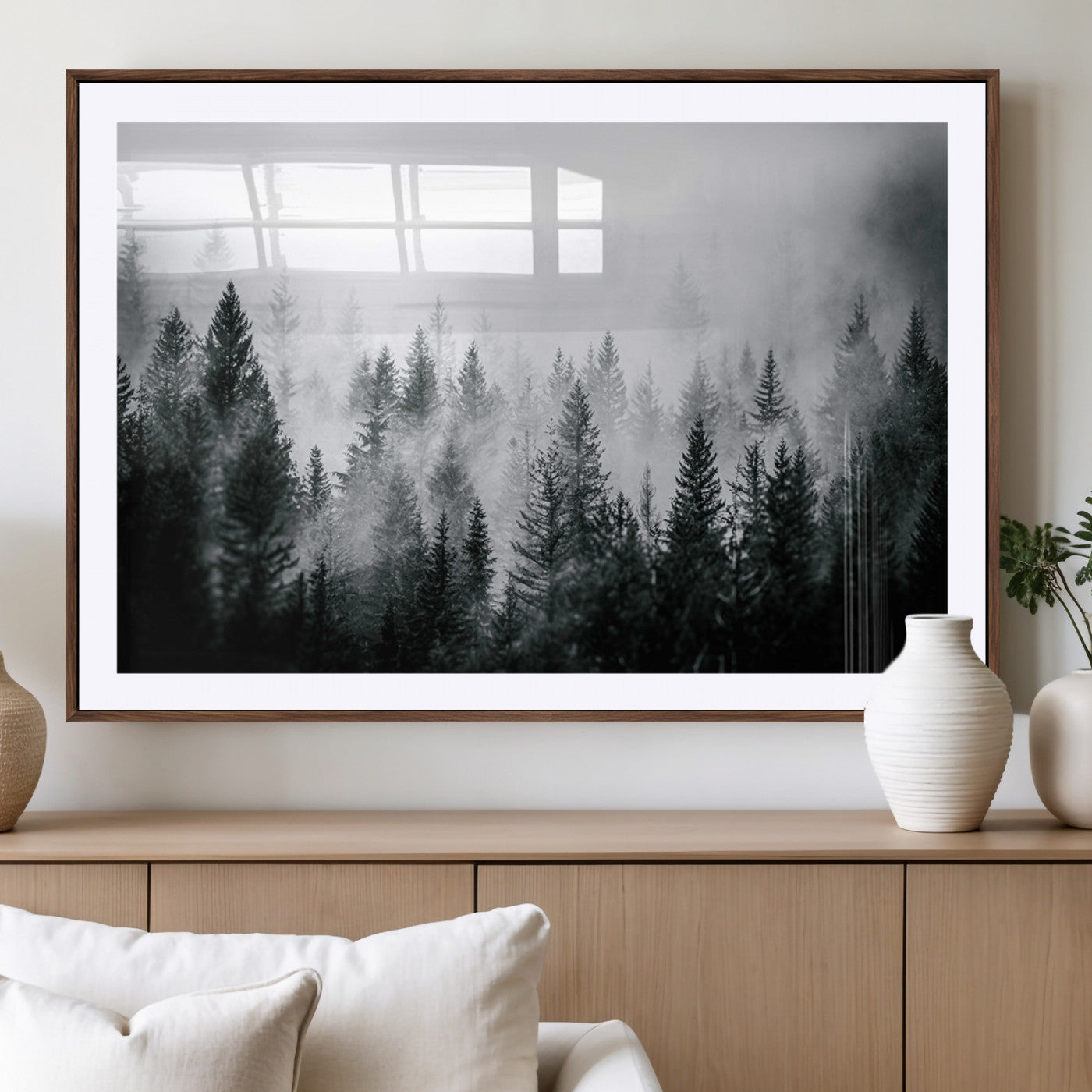 87750525-MGV-CV-36X24-Foggy Pine Forest Wall Art Canvas Print, Pine Landscape Print, Framed Nordic Pine Forest Art Print, Large Misty Forest Printing