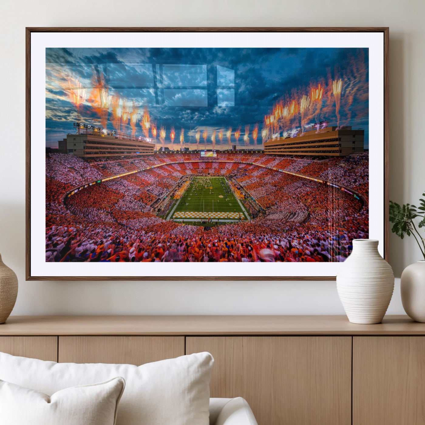 94266219-MGV-CV-36X24-Neyland Stadium Wall Art – Panoramic Tennessee Volunteers Checkerboard Crowd Fireworks Canvas Print, Football Game Day Sports
