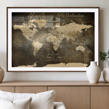 13394308-MGV-CV-36X24-Personalized World Map Wall Art – Dark Rustic Vintage Adventure Travel Map with Custom Couple Names, Timeless Wall Decor for Home