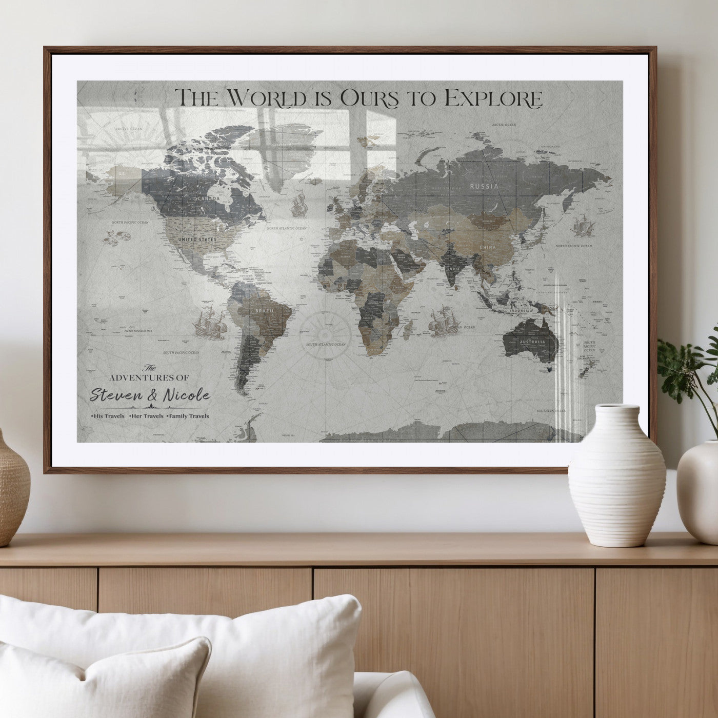 97082026-MGV-CV-36X24-Personalized World Map Wall Art – Vintage Gray Adventure Travel Map with Custom Couple or Family Names, Rustic Wall Decor for Home