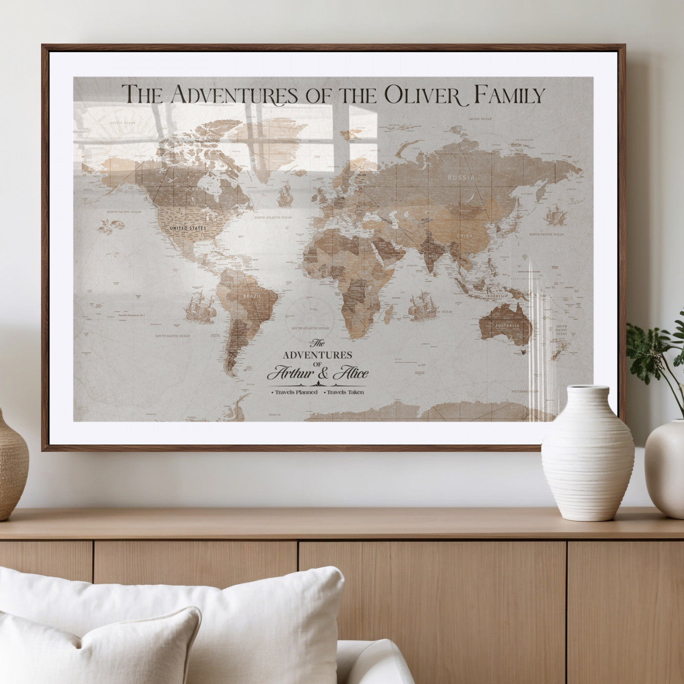 43869621-MGV-CV-36X24-Personalized World Map Wall Art – Light Beige Sepia Adventure Travel Map with Custom Family or Couple Names, Rustic Wall Decor for