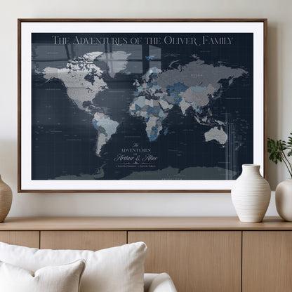 76726424-MGV-CV-36X24-Personalized World Map Wall Art – Navy Blue & Grey Adventure Travel Map with Custom Family or Couple Names, Modern Wall Decor for