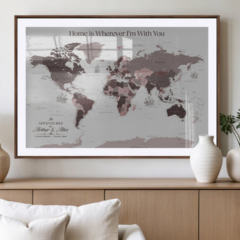 33204797-MGV-CV-36X24-Personalized World Map Wall Art – Burgundy & Grey Adventure Travel Map with Custom Names, Romantic Wall Decor for Couples, Home or