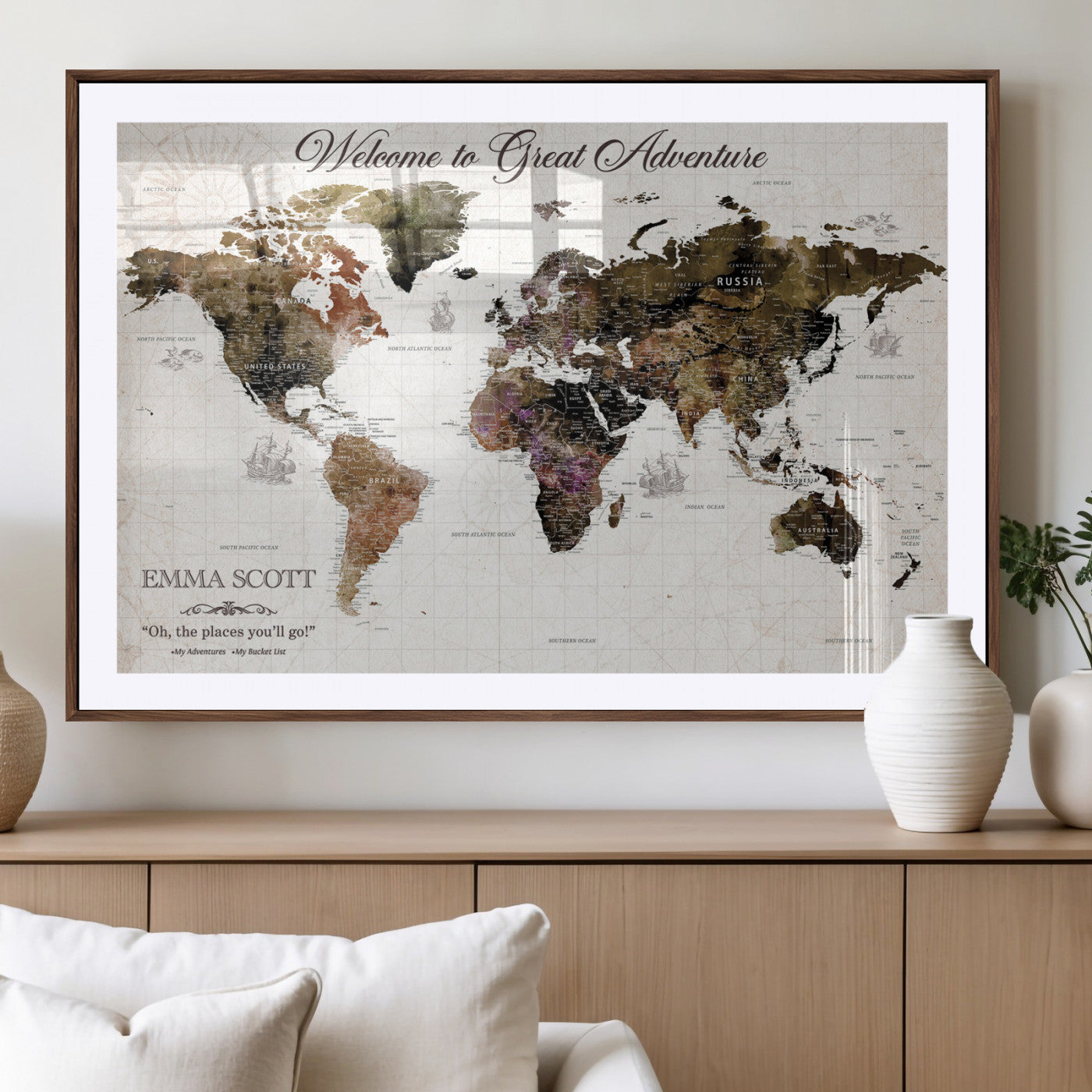 33631532-MGV-CV-36X24-Personalized World Map Wall Art – Dark Vintage Adventure Travel Map with Custom Names, Rustic Wall Decor for Couples, Home or