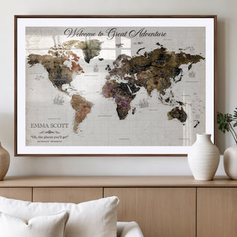 33631532-MGV-CV-36X24-Personalized World Map Wall Art – Dark Vintage Adventure Travel Map with Custom Names, Rustic Wall Decor for Couples, Home or