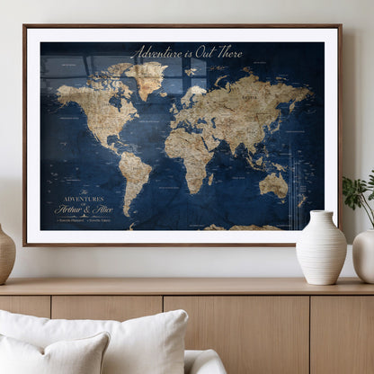 71052542-MGV-CV-36X24-Personalized World Map Wall Art – Rustic Navy Blue Adventure Travel Map with Custom Couple Names, Vintage Wall Decor for Home or