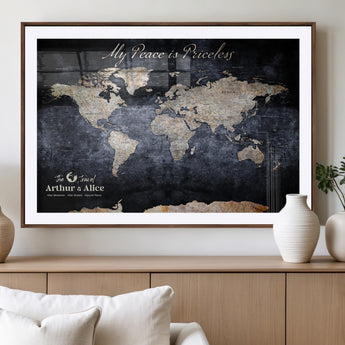85403043-MGV-CV-36X24-Personalized World Map Wall Art – Dark Blue Rustic Adventure Map with Custom Couple Names, Vintage Wall Decor for Home or Travel