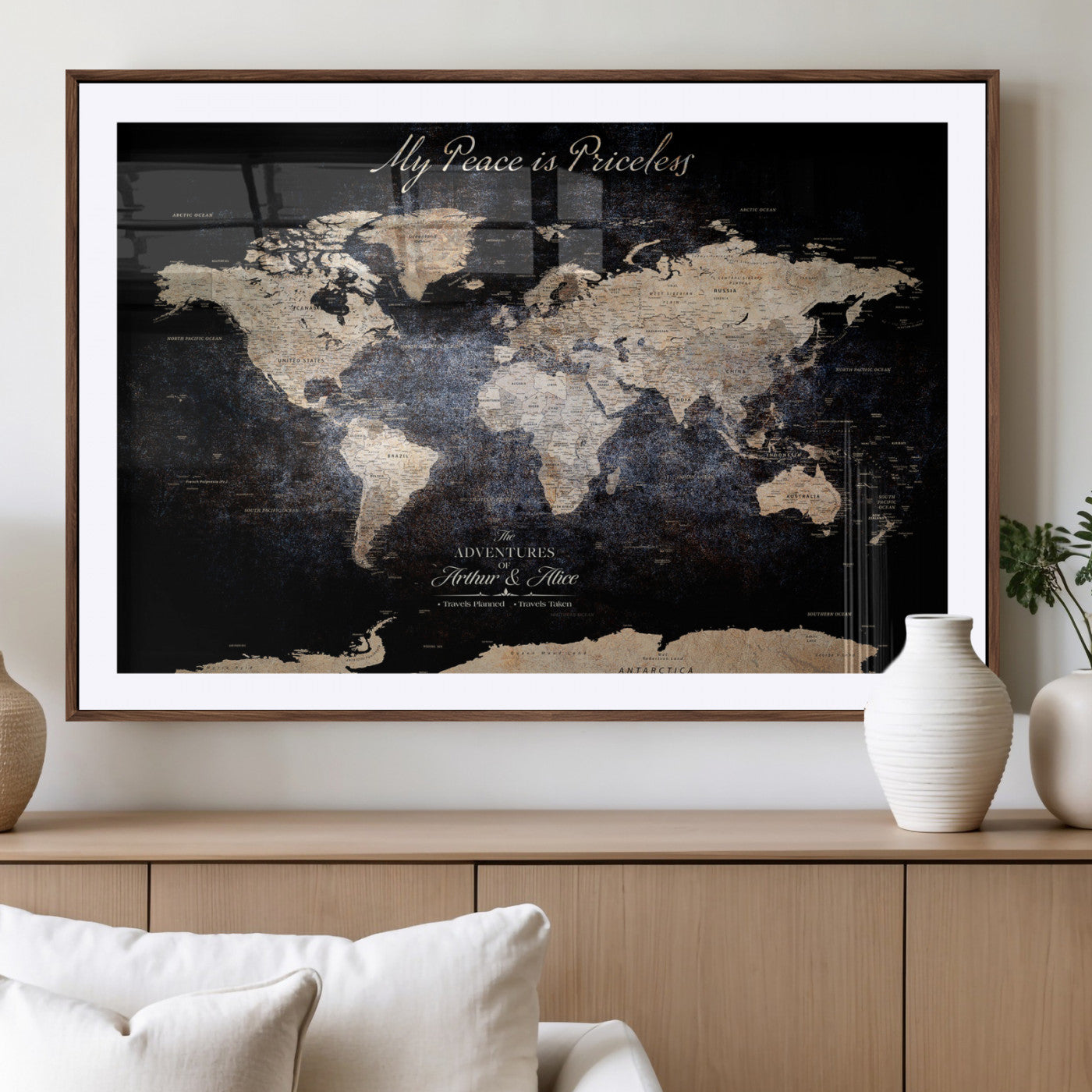 51488142-MGV-CV-36X24-Personalized World Map Wall Art – Dark Rustic Adventure Travel Map with Custom Names, Vintage Wall Decor for Couples, Families or