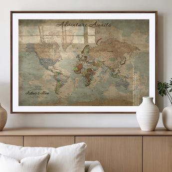 62500285-MGV-CV-36X24-Personalized World Map Wall Art – Rustic Watercolor Adventure Awaits Travel Map with Custom Couple Names, Vintage Wall Decor for