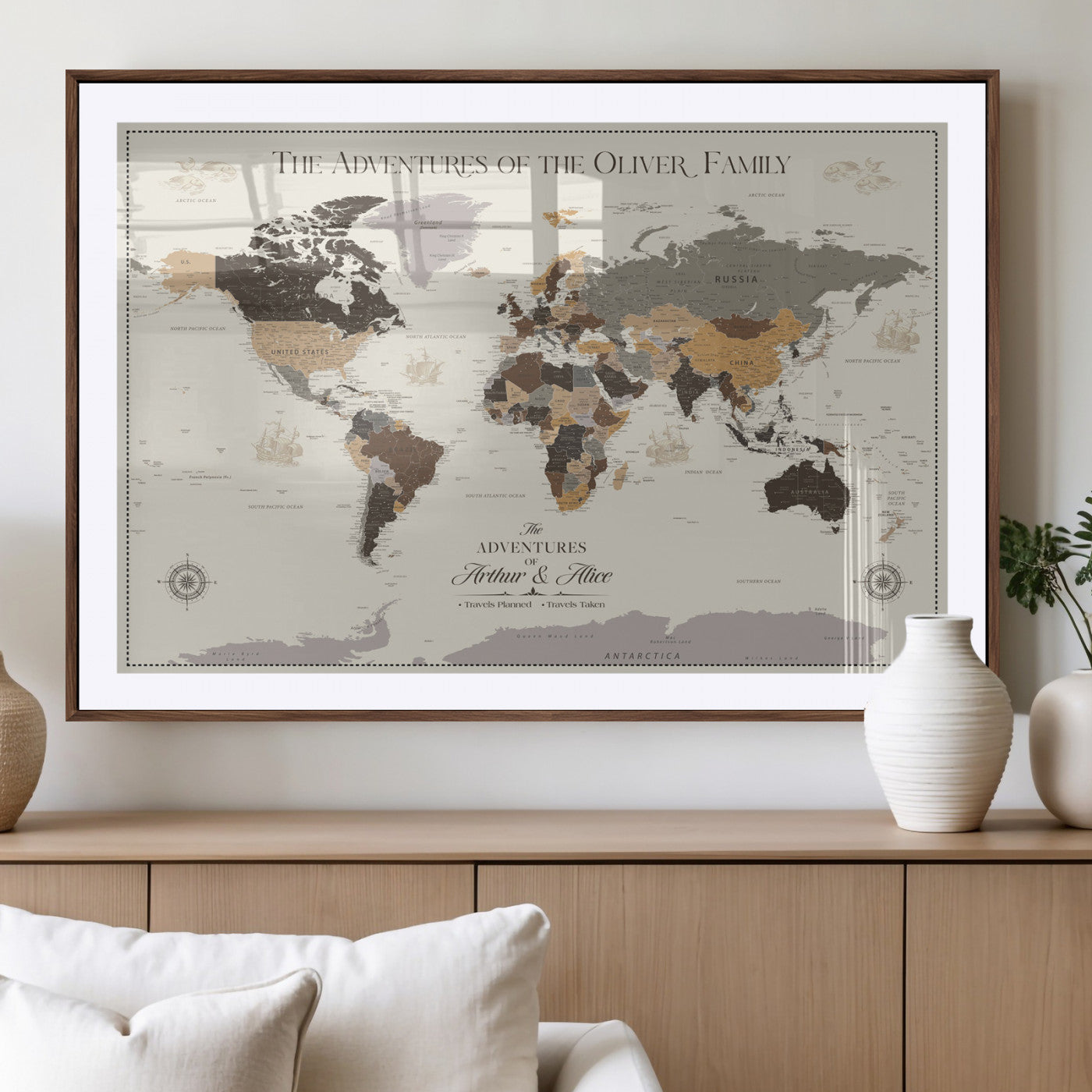 40679469-MGV-CV-36X24-Personalized World Map Wall Art – Neutral Tones Adventure Travel Map with Custom Family Names, Rustic Wall Decor for Living Room