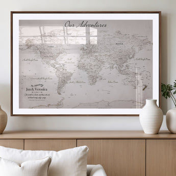 11706567-MGV-CV-36X24-Personalized World Map Wall Art – Minimalist Beige Adventure Travel Map with Custom Names, Elegant Push Pin Canvas for Couples,