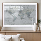 70605050-MGV-CV-36X24-Personalized World Map Wall Art – Cool Gray Adventure Travel Map with Custom Names, Elegant Push Pin Canvas for Couples, Family