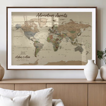 53442996-MGV-CV-36X24-Personalized World Map Wall Art – Adventure Awaits Vintage Travel Map with Custom Couple Names, Rustic Wall Decor for Home,