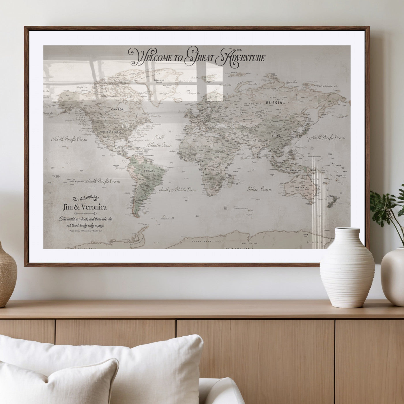93034948-MGV-CV-36X24-Personalized World Map Wall Art – Vintage Beige Adventure Travel Map with Custom Names, Elegant Push Pin Canvas for Couples,