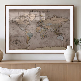 93226713-MGV-CV-36X24-Personalized World Map Wall Art – Adventure Awaits Rustic Earth-Tone Travel Map with Custom Names, Vintage Wall Decor for Couples,