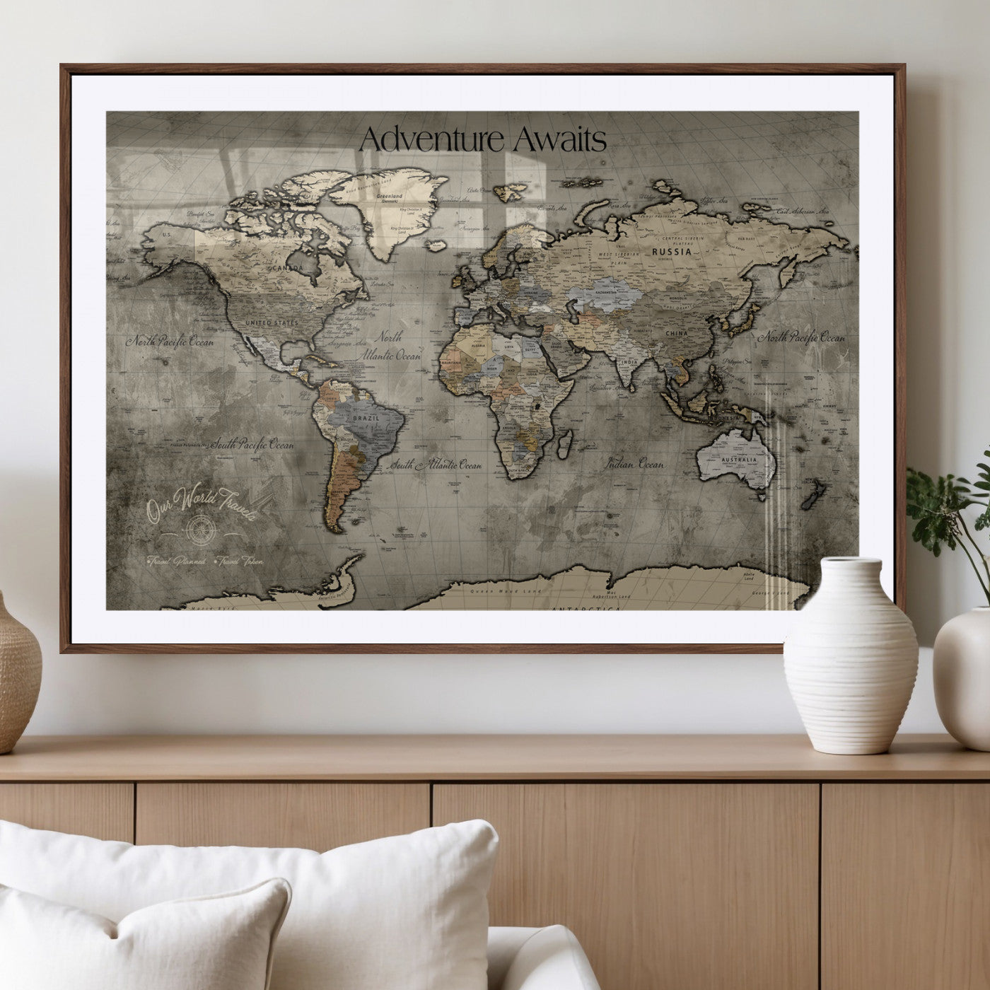 72658967-MGV-CV-36X24-Personalized World Map Wall Art – Adventure Awaits Rustic Sepia Travel Map with Custom Names, Vintage Wall Decor for Couples, Home