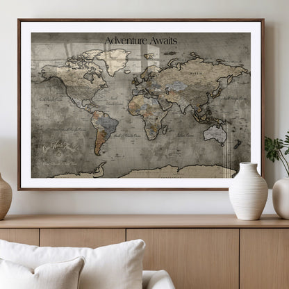 72658967-MGV-CV-36X24-Personalized World Map Wall Art – Adventure Awaits Rustic Sepia Travel Map with Custom Names, Vintage Wall Decor for Couples, Home