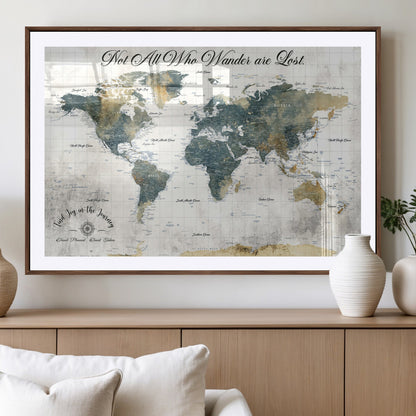 16233493-MGV-CV-36X24-Personalized World Map Wall Art – Rustic Blue Green Wanderlust Travel Map with Custom Couple Names, Vintage Wall Decor for Home