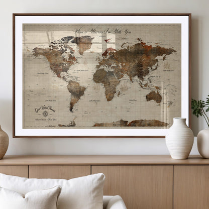 48225643-MGV-CV-36X24-Personalized World Map Wall Art – Rustic Vintage Adventure Travel Map with Custom Couple Names, Romantic Wall Decor for Home or
