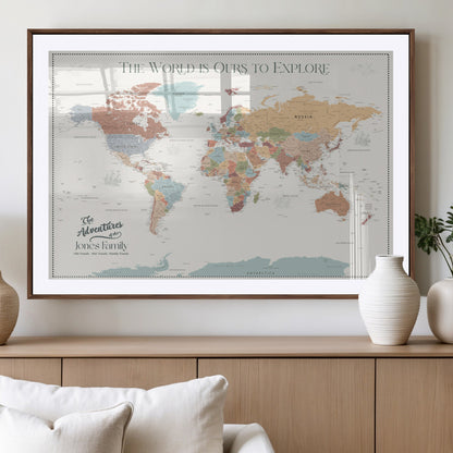 69180591-MGV-CV-36X24-Personalized World Map Wall Art – Rustic Vintage Adventure Travel Map with Custom Family Names, Unique Wall Decor for Couples,