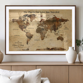 50680593-MGV-CV-36X24-Personalized World Map Wall Art – Rustic Brown Adventure Travel Map with Custom Names, Elegant Push Pin Canvas for Couples Home,