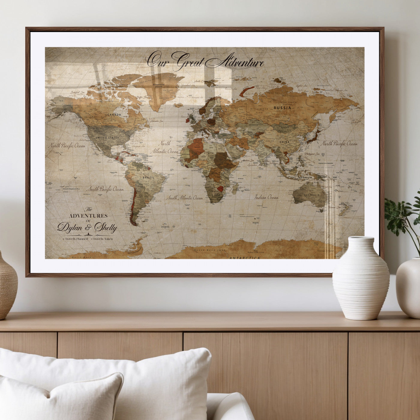91961147-MGV-CV-36X24-Personalized World Map Wall Art – Vintage Sepia Adventure Travel Map with Custom Couple Names, Rustic Wall Decor for Home, Couples