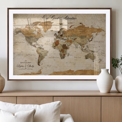91961147-MGV-CV-36X24-Personalized World Map Wall Art – Vintage Sepia Adventure Travel Map with Custom Couple Names, Rustic Wall Decor for Home, Couples