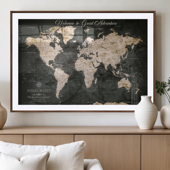 70534097-MGV-CV-36X24-Personalized World Map Wall Art – Dark Vintage Adventure Style Travel Map with Custom Names, Unique Wall Decor for Couples, Home