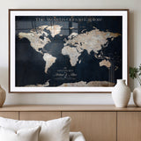 13231361-MGV-CV-36X24-Personalized World Map Wall Art – Navy Blue Vintage Adventure Travel Map with Custom Names, Elegant Push Pin Canvas for Couples