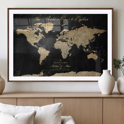 98947257-MGV-CV-36X24-Personalized World Map Wall Art – Vintage Black Adventure Travel Map with Custom Names, Elegant Push Pin Canvas for Couples Home