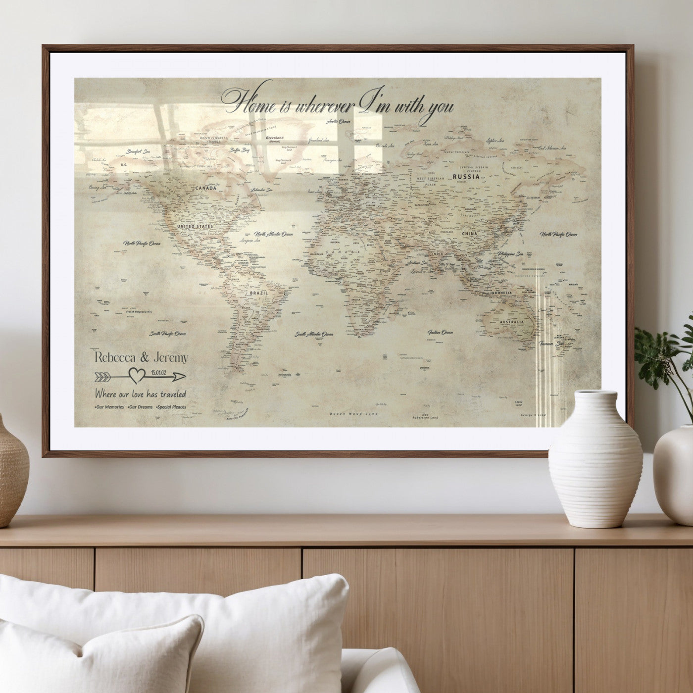 57950315-MGV-CV-36X24-Personalized World Map Wall Art – Vintage Beige Travel Map with Custom Names, Romantic Anniversary Gift for Couples, Adventure