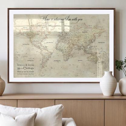 57950315-MGV-CV-36X24-Personalized World Map Wall Art – Vintage Beige Travel Map with Custom Names, Romantic Anniversary Gift for Couples, Adventure
