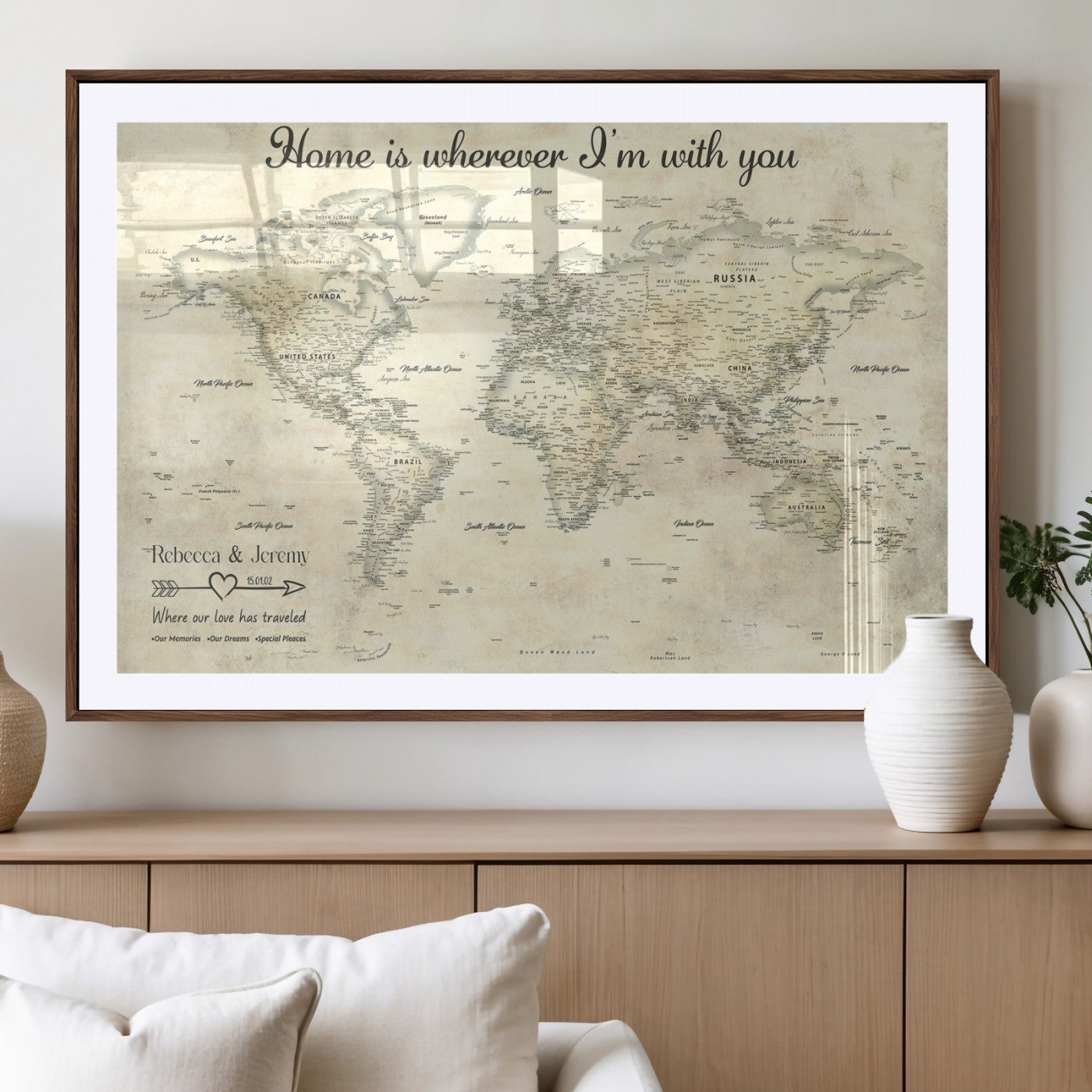 35009043-MGV-CV-36X24-Personalized World Map Wall Art – Vintage Beige Travel Map with Custom Names and Date, Romantic Anniversary Gift for Couples Home